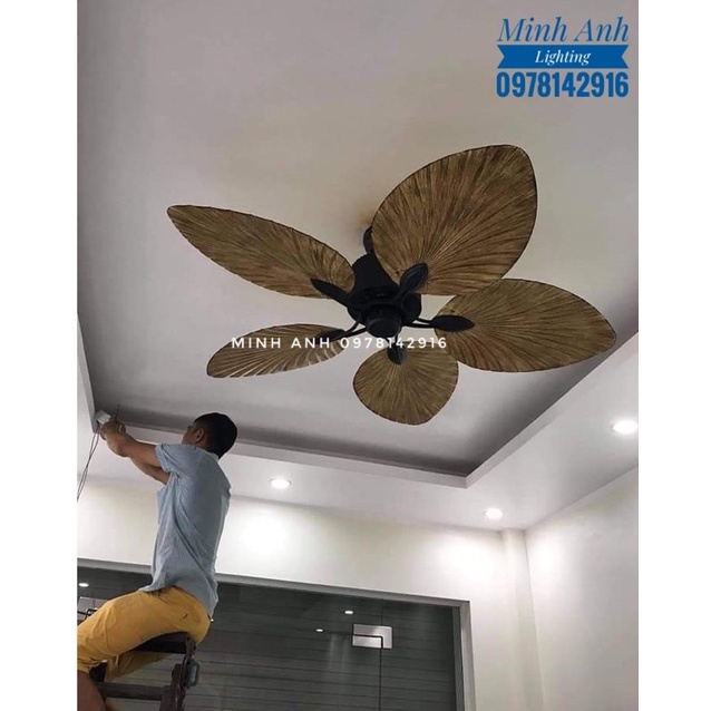 Quạt Trần Cánh Gỗ Hình Chiếc Lá VF77 Gắn Trần Phòng Khách Phòng Ăn Phòng Sinh Hoạt Phòng Ngủ Tặng Kèm Remost Minh Anh