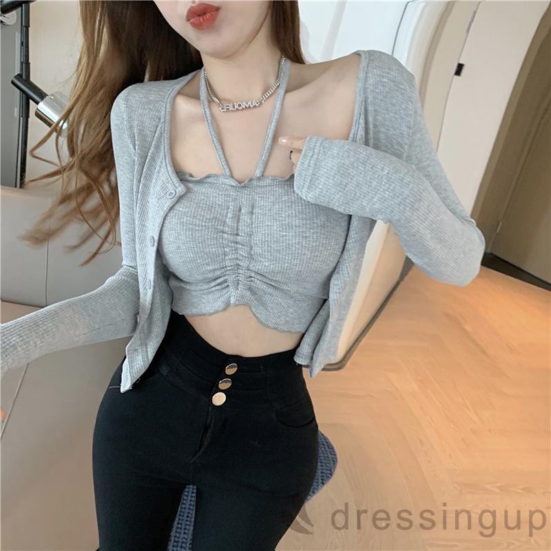 Áo Croptop Dệt Kim Không Tay Màu Sắc Trơn Phối Dây Rút Phía Trước Gợi Cảm Dành Cho Nữ