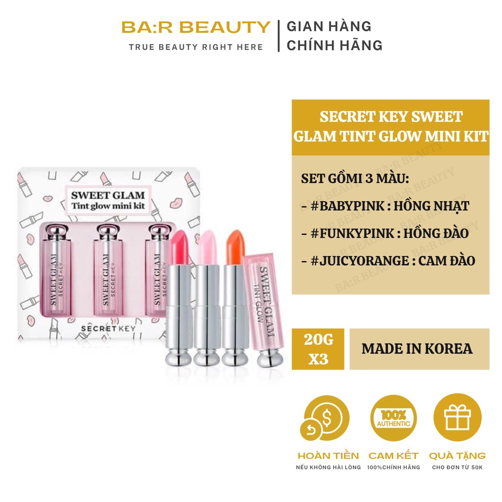 Set 3 son dưỡng môi có màu Secret Key Sweet Glam Tint Glow Mini Kit _ Secret Key Chính Hãng