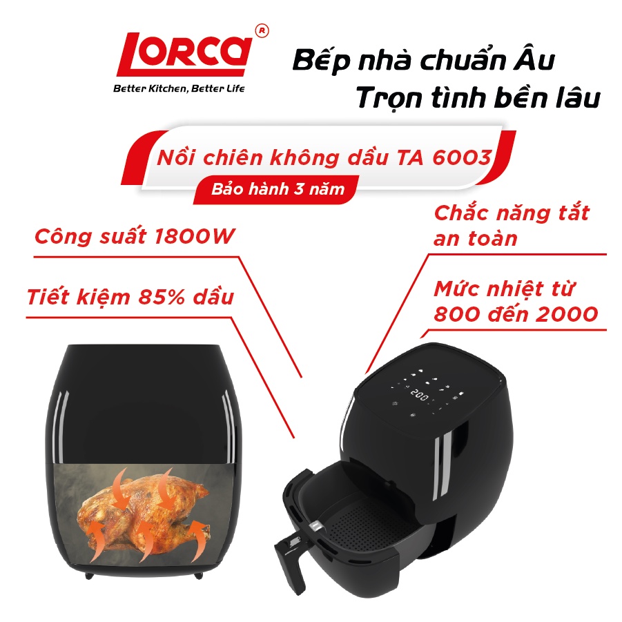 [Mã ELHADEV giảm 4% đơn 300K] Nồi chiên không dầu Lorca TA 6003 dung tích 7 lít bảo hành 3 năm