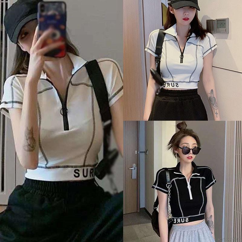 Áo Thun Ngắn Tay Phối Khóa Kéo Phong Cách Hong Kong