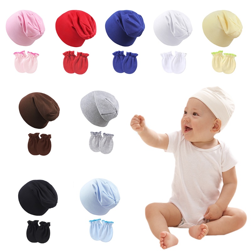 Bộ Găng Tay + Mũ Beanie + Găng Tay Cotton Chống Xước Giữ Ấm Cho Bé Sơ Sinh