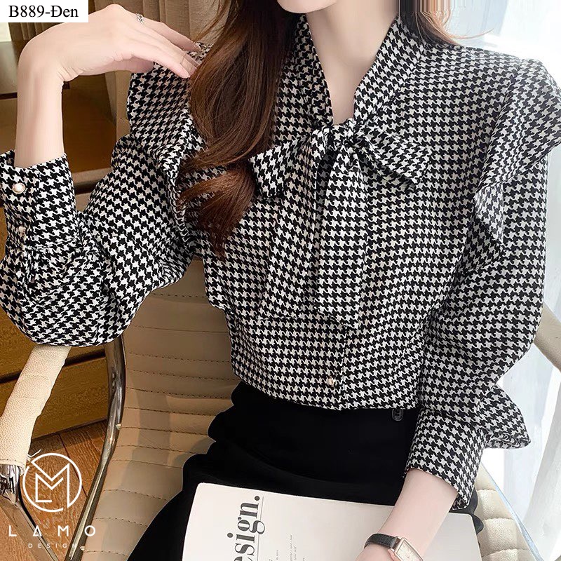 Áo sơ mi công sở nữ hoạ tiết kiểu hàn quốc đẹp cột nơ LAMO-B889 | BigBuy360 - bigbuy360.vn