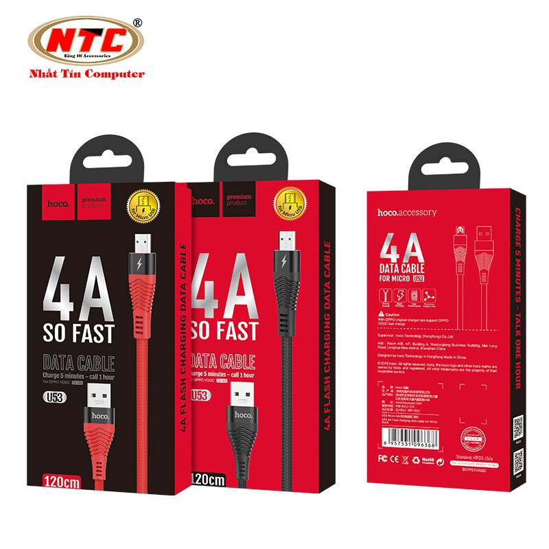 Cáp sạc cường độ cao Hoco U53 cổng microUSB 1.2M hỗ trợ điện áp tối đa 4A - Hàng chính hãng