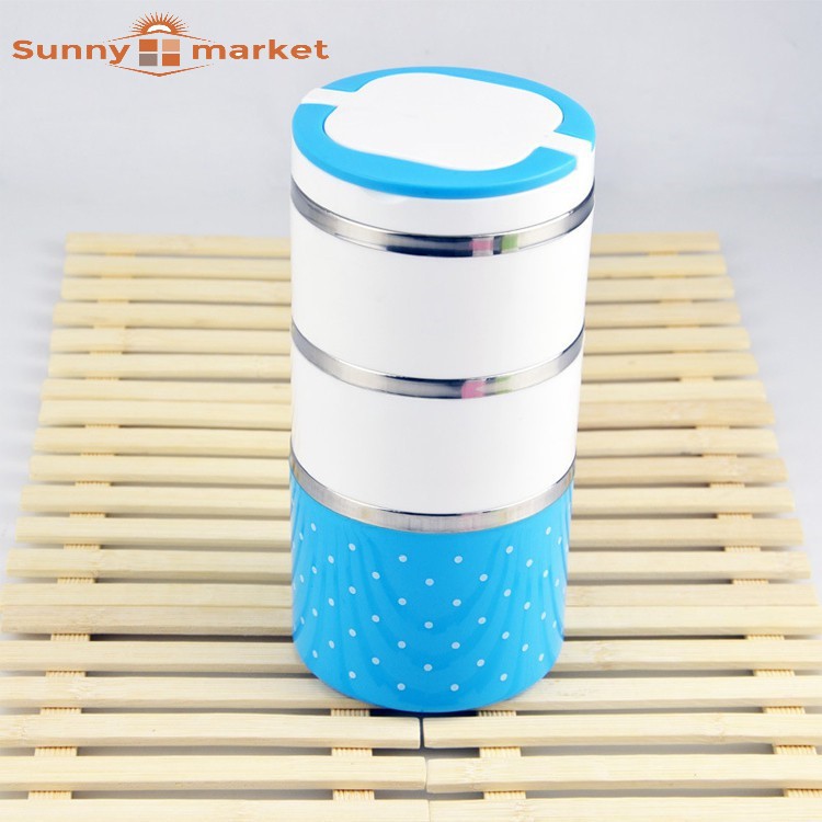 Hộp đựng cơm, camen 3 tầng chấm bi, ruột inox giữ nhiệt cao cấp