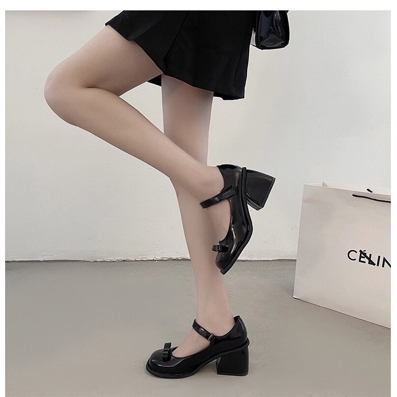 Giày cao gót Lolita mũi tròn đính nơ 7,5cm Giày Mary Jane