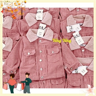 Abe107 - áo khoác bé gái nhung tăm hồng lông cổ trắng