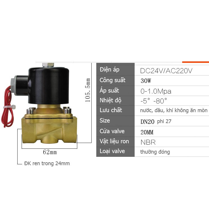 Van valve điện từ tự động phi 27 thường đóng