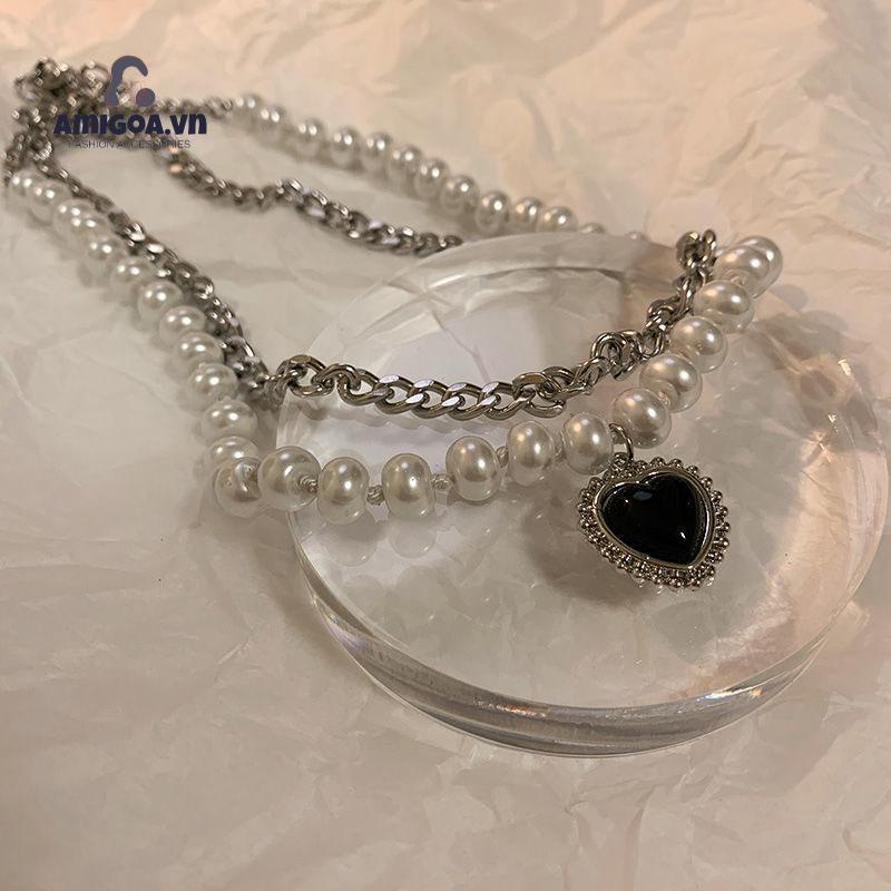 ✨✨Vòng cổ Hai Lớp Mặt Hình Trái Tim Màu Đen Đính Ngọc Trai Phong Cách Hip Hop Cổ Điển Thời Trang Cho Nữ