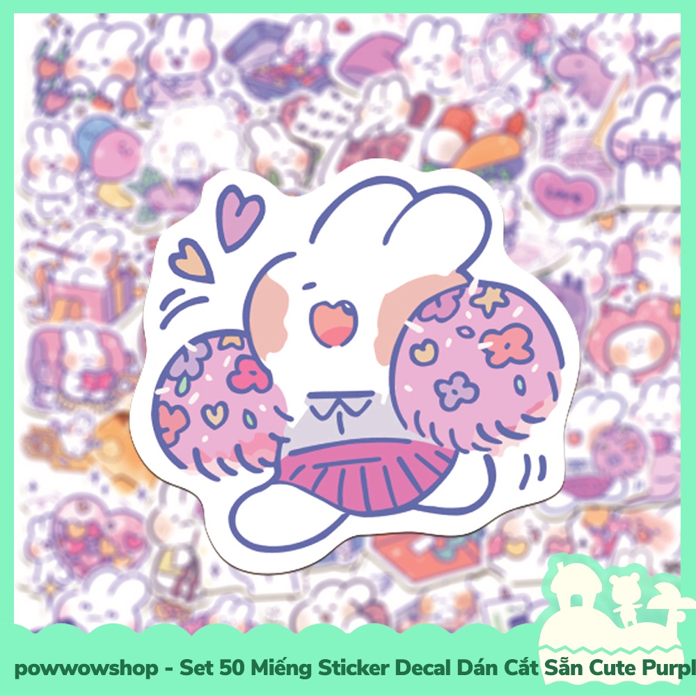 [Sẵn VN - Hỏa Tốc] Set 50 Miếng Sticker Decal Cắt Sẵn DIY Dán Trang Trí Vật Dụng Mẫu Thỏ Tím Cute Purple Rabbit Day Life