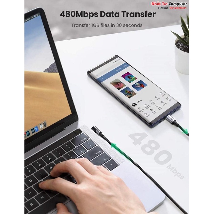 Cáp dữ liệu, sạc nhanh 60W Type-C to Type-C bẻ góc 90 độ dài 2M Ugreen 50125 cao cấp