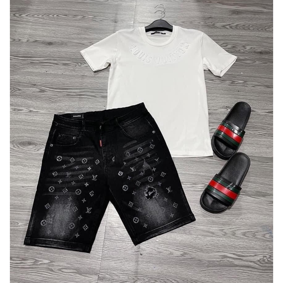 Quần short jean nam màu xám đậm in chữ hiệu. rách cá tính, vải dày dặn co giãn bốn chiều form regular