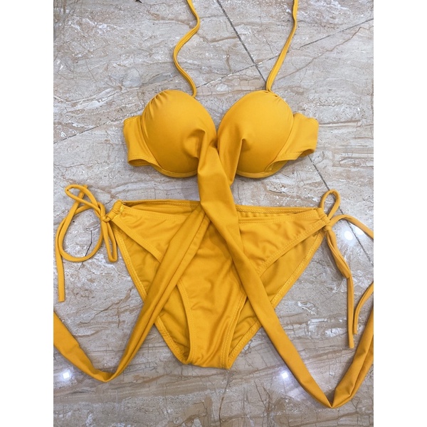 Đồ bơi bikini mút dày nâng ngực áo cột chéo quần cạp thấp
