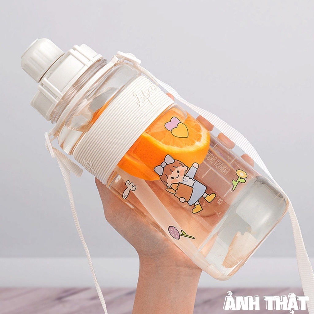 Bình Đựng Nước Thể Thao Cao Cấp Chia Vạch ml, Bình Nước 1l, 600ml Chất Lượng An Toàn Kèm Dây Đeo, Ống Hút Tiện Dụng KH25