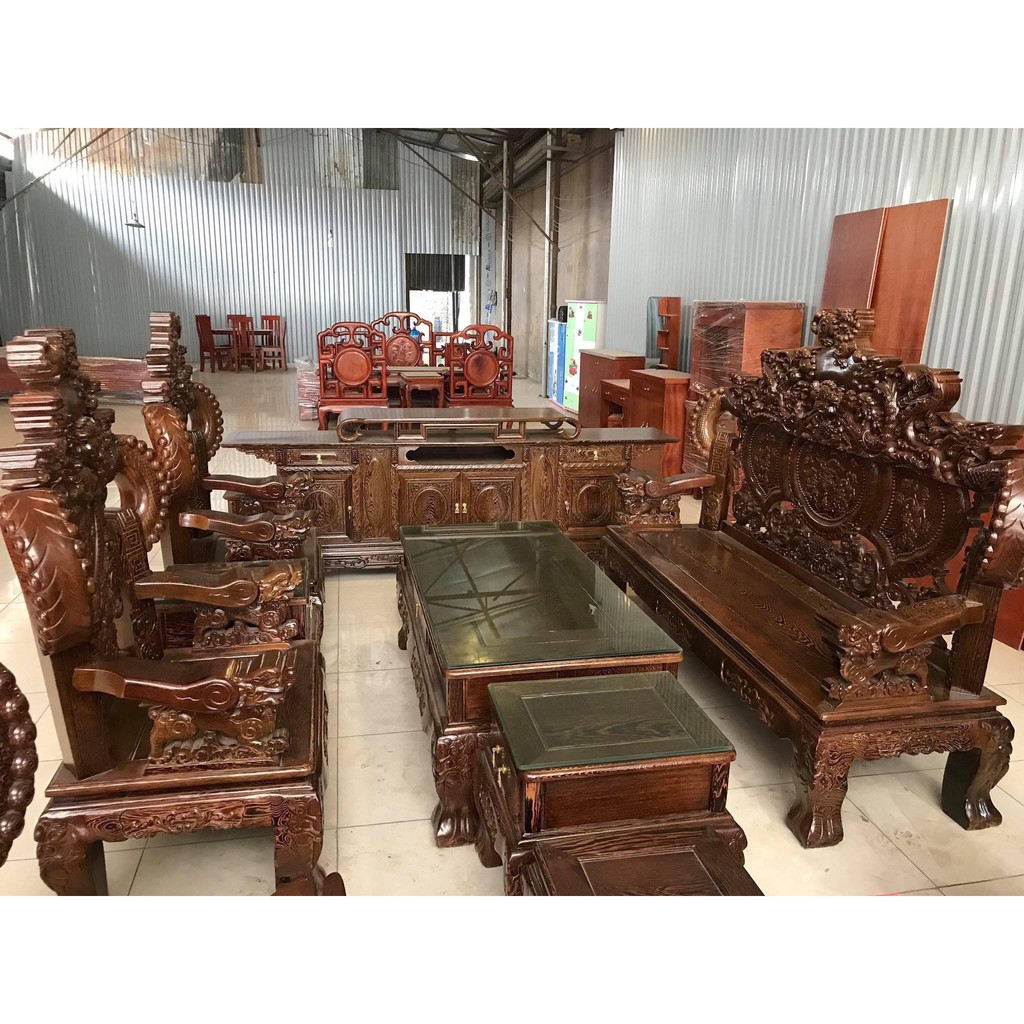 Bộ bàn ghế nghê đỉnh tay khuỳnh vách chữ C gỗ mun đuôi công