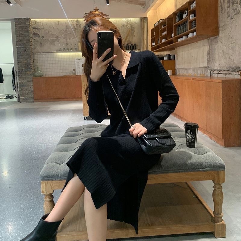 Váy len suông dáng dài cổ polo