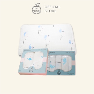 Combo gối sơ sinh p001+5 khăn sữa k001 +2 khăn đa năng sợi tre lụa la pomme k002 - cá heo