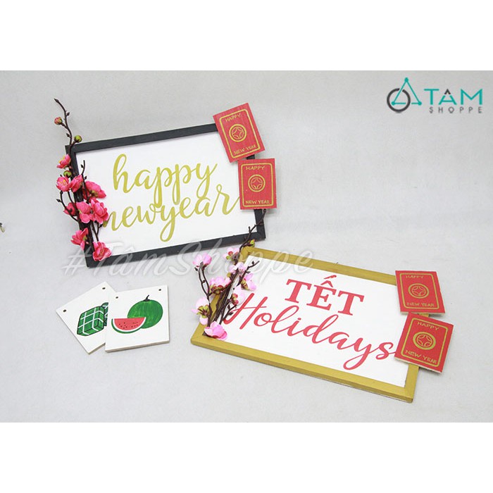 [VẼ TAY] Bảng treo cửa Tết gỗ 2 thẻ đỏ handmade hoa đào T-BTC-06