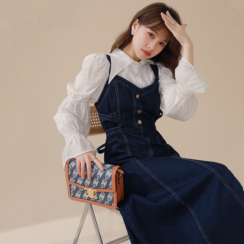 Set đầm yếm denim màu xanh lam đậm kiểu Hàn Quốc duyên dáng dành cho nữ (có bán lẻ áo sơ mi / đầm)
