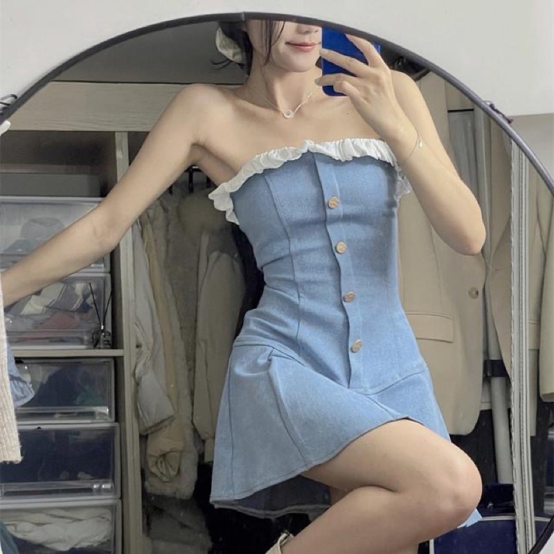 Đầm bò dáng ngăn không tay buộc cổ HQ