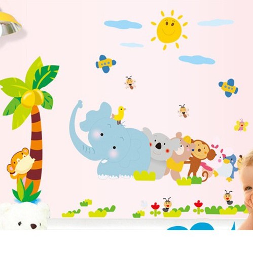 TRANH DECAL DÁN TƯỜNG ĐỘNG VẬT CÂY DỪA MỚI - decal dán tường cho bé