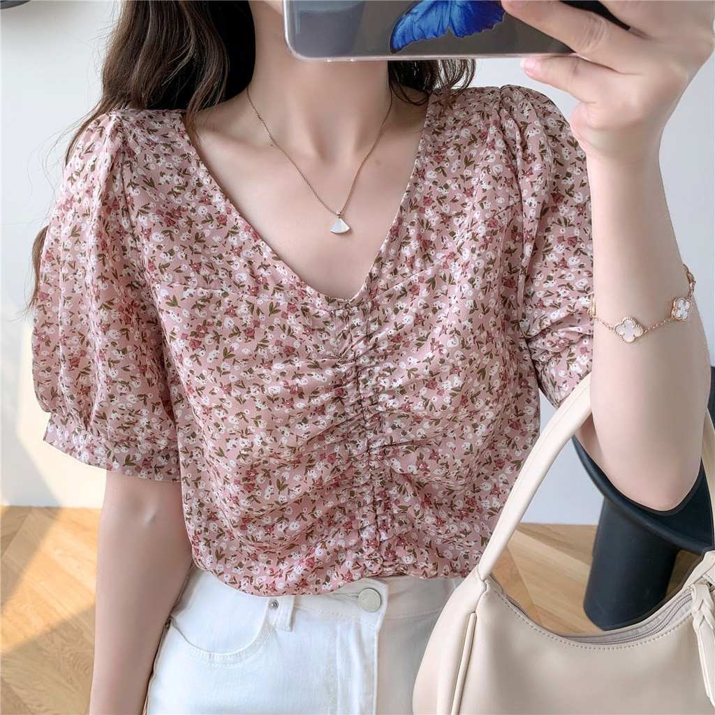 ❤️❤️Áo Sơ Mi Chiffon Tay Ngắn Cổ Chữ V Phối Dây Rút In Họa Tiết Hoa Nhí Xinh Xắn Thời Trang Phong Cách Hàn Quốc Cho Nữ