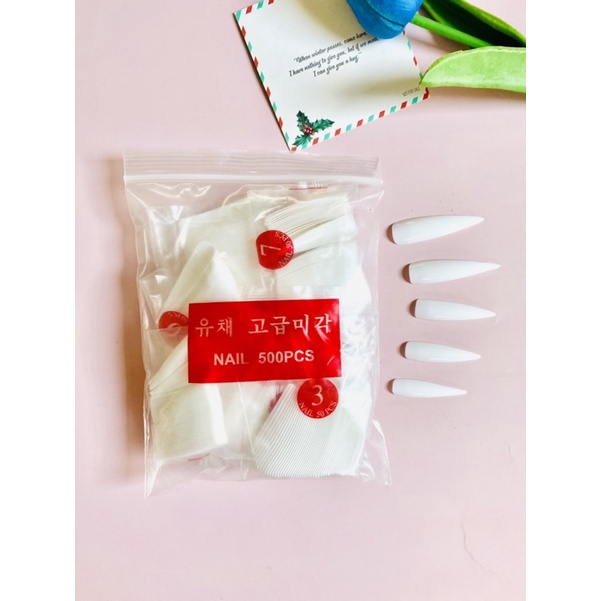 Móng úp phom nhọn dài chính hãng - túi 500 cái đủ Size nhựa dẽo chuẩn phom, móng úp tay