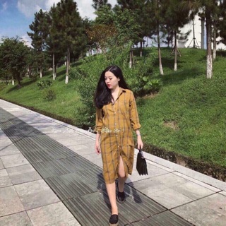 Đầm sơ mi caro form dài