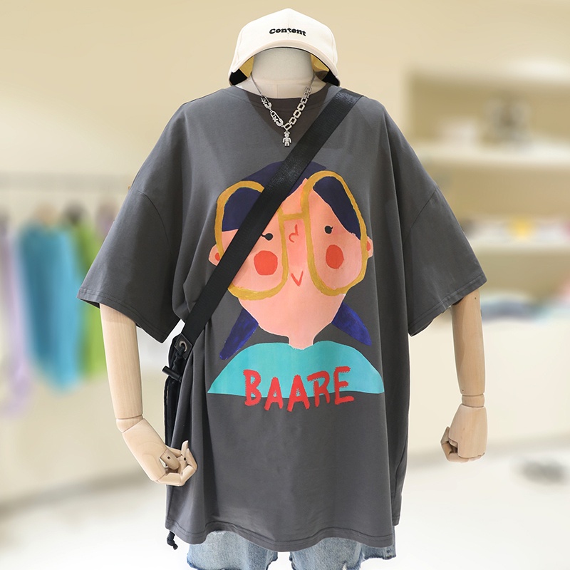 Áo Thun 100% Cotton Dáng Rộng Tay Ngắn Cổ Tròn In Họa Tiết Hoạt Hình Phong Cách Hàn Quốc Thời Trang Mùa Hè Cho Nữ