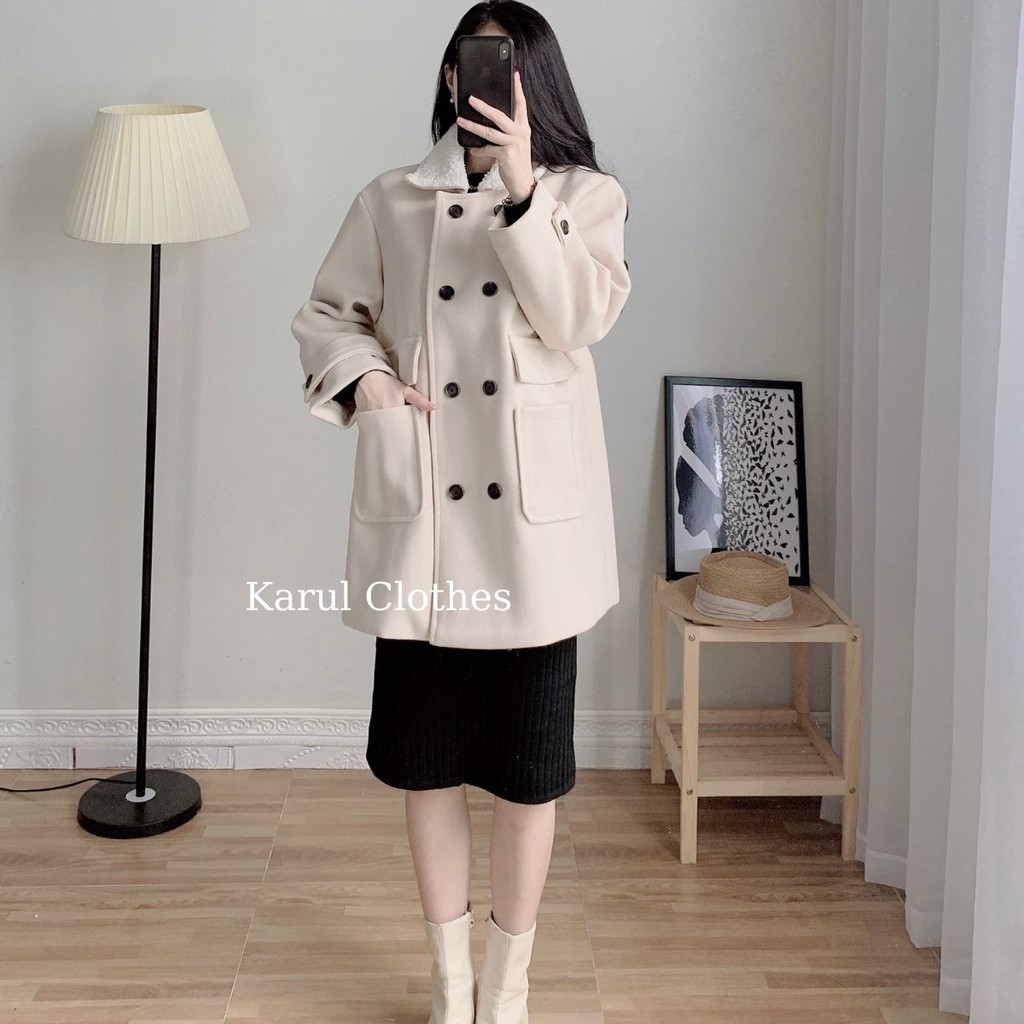 Áo khoác dạ cổ lông 2 lớp cách điệu 2 hàng cúc - Áo khoác dạ nữ cổ lông dáng dài  stye hàn quốc 2 màu be kem