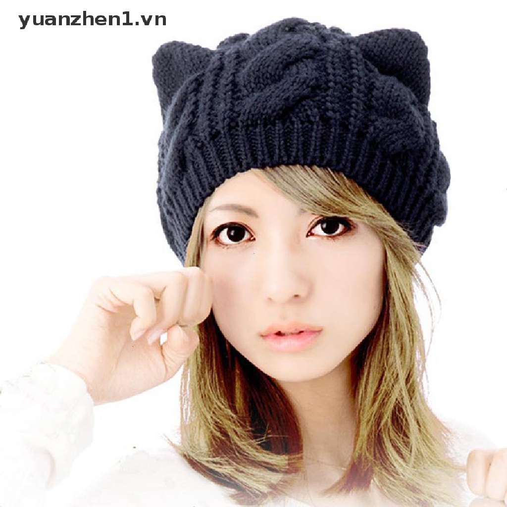 1 Mũ Len Dệt Kim Đính Tai Mèo Giữ Ấm Cho Nữ