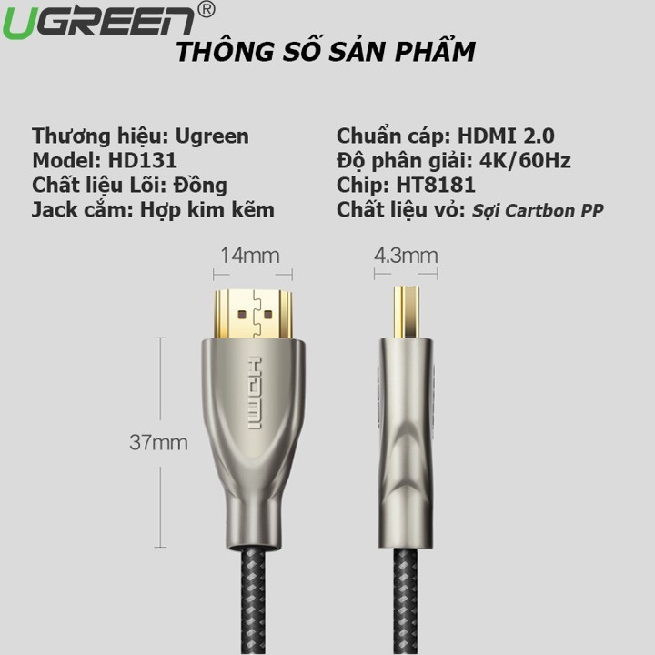 Cáp HDMI 2.0 Ugreen  50109 Carbon dài 3m Chuẩn 4K/60MHz Cao Cấp- Hàng chính hãng bảo hành 18 tháng