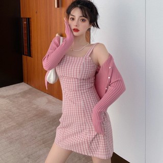 SET ĐẦM CARO 2 DÂY + ÁO CARDIGAN GÂN