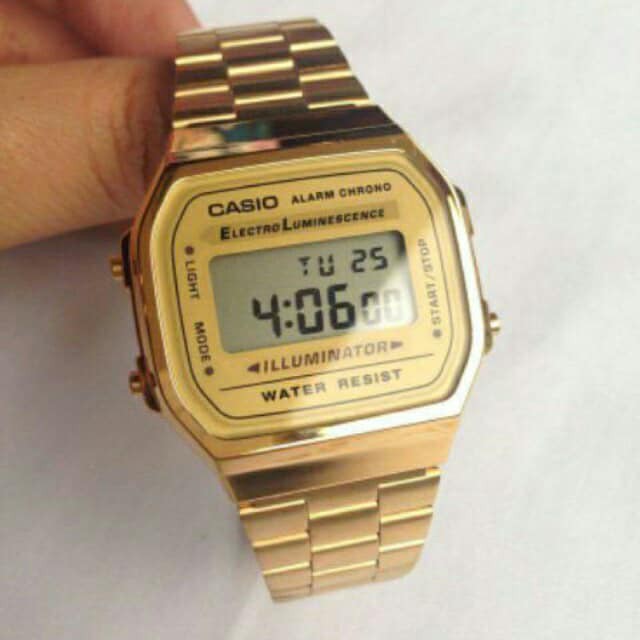 Đồng hồ Casio điện tử nam nữ  A168W gold dây kim loại chống gỉ