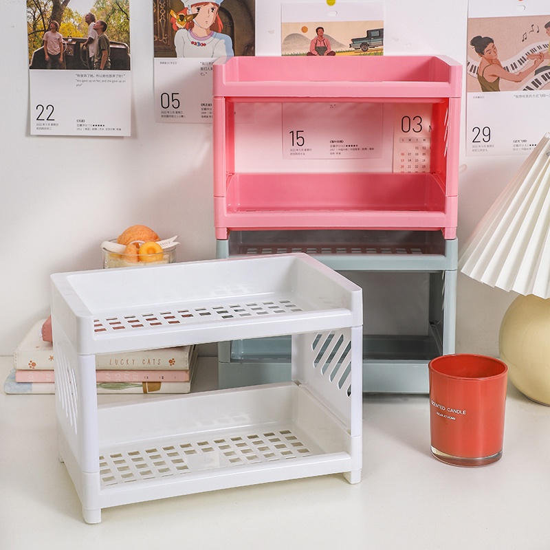 Kệ đựng đồ ghép nối hai tầng bằng nhựa đơn giản để bàn trong văn phòng/nhà bếp/phòng tắm
