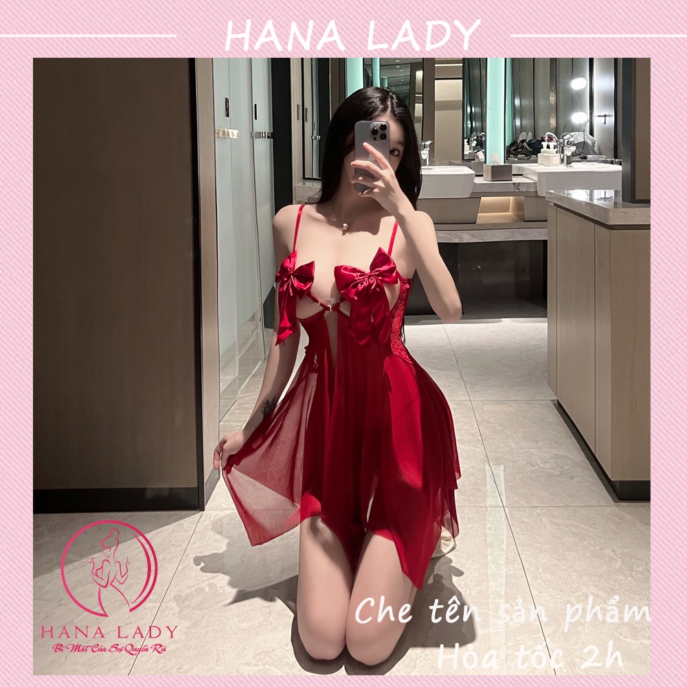 Váy ngủ sexy, đầm ngủ 2 dây xuyên thấu gợi cảm đính nơ VN507