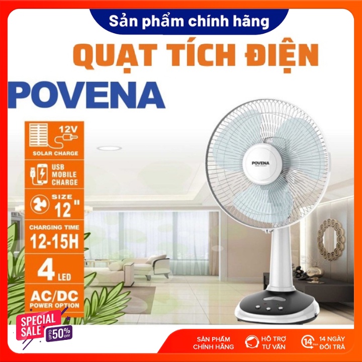 Quạt tích điện Povena PVN-5612 công suất 24W. Quạt gió, thiết kế nhỏ gọn, dạng quạt hướng trục, với 3 cánh-BH 12 tháng