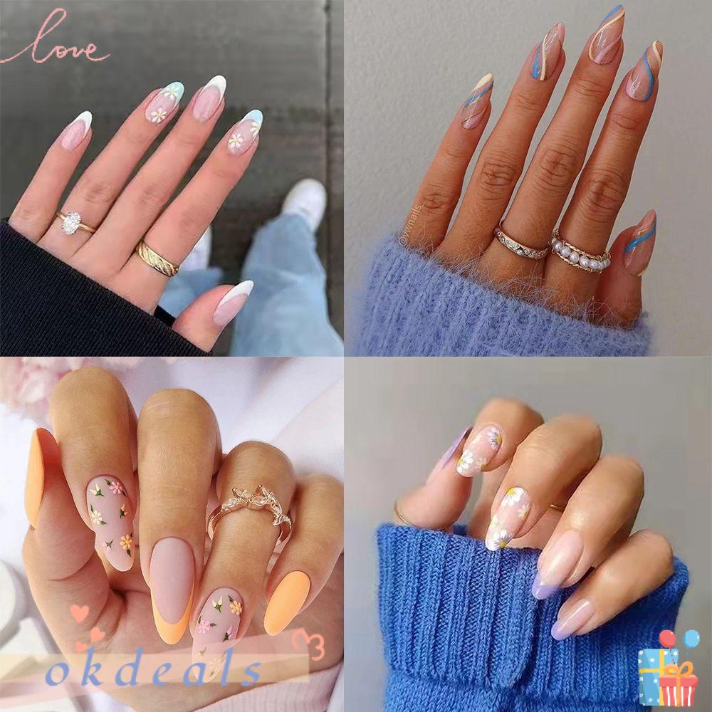 ღOKDEALSღ 24pcs/Box Women Fashion Wearable Artificial Nail Tips Flower Almond False Nails Detachable Manicure Tool Full Cover Press On Nails French Fake Nails