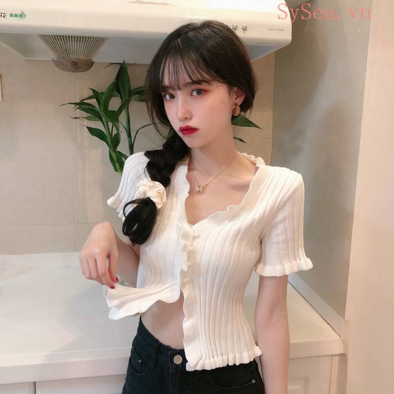 Áo croptop dệt kim ngắn tay thiết kế đơn giản thời trang | BigBuy360 - bigbuy360.vn