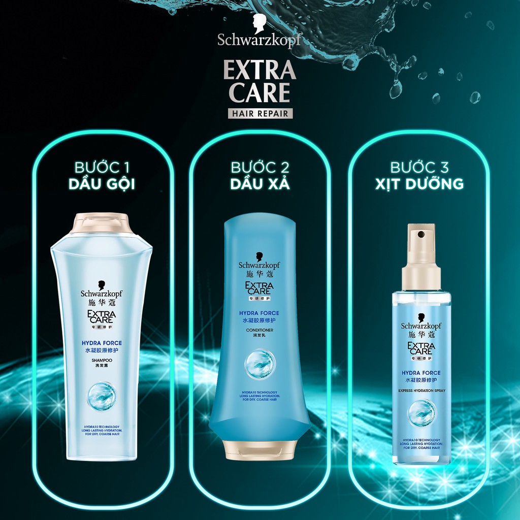 [Mã FMCGM100 - 10% đơn 500K] Combo 3 bước cấp ẩm Schwarzkopf Extra Care Hydra Force 950ml