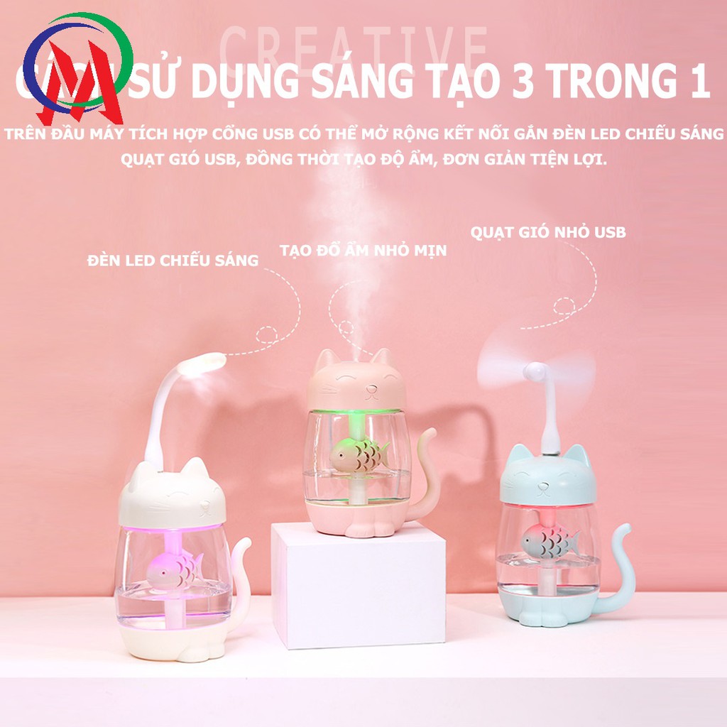 [Mã ELHA22 giảm 5% đơn 300K] [3in1] Máy tạo độ ẩm kiêm quạt mini có đèn led hình mèo xương cá dễ thương