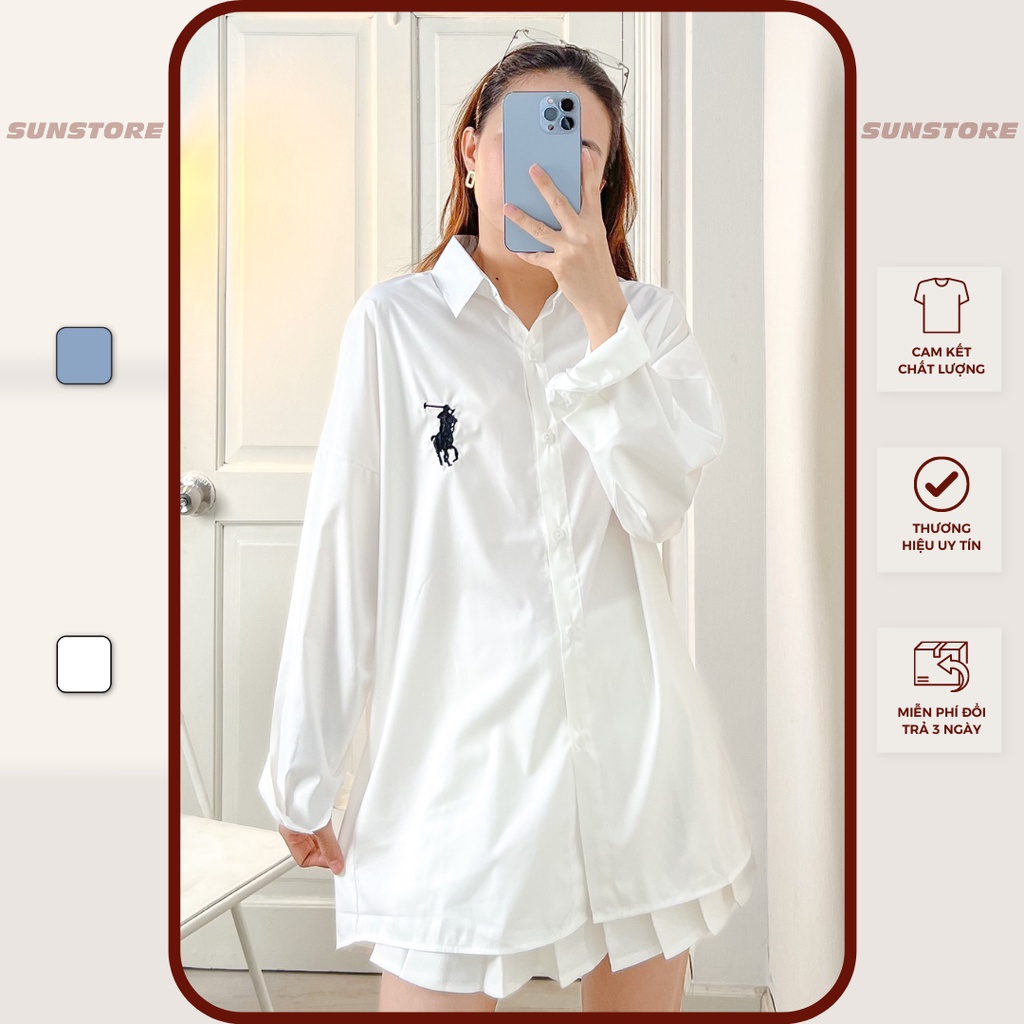 Áo sơ mi nữ tay dài thêu hình ngựa 2 màu kẻ sọc và màu trắng dễ phối đồ