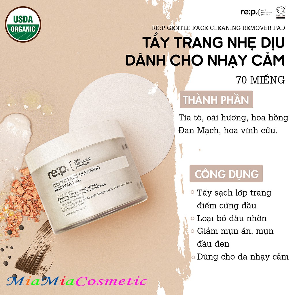 Tẩy Trang RE:P Gentle Face Cleaning Remover Pad Nhẹ Dịu Dành Cho Da Nhạy Cảm 70 Miếng [NHẬP KHẨU CHÍNH HÃNG]