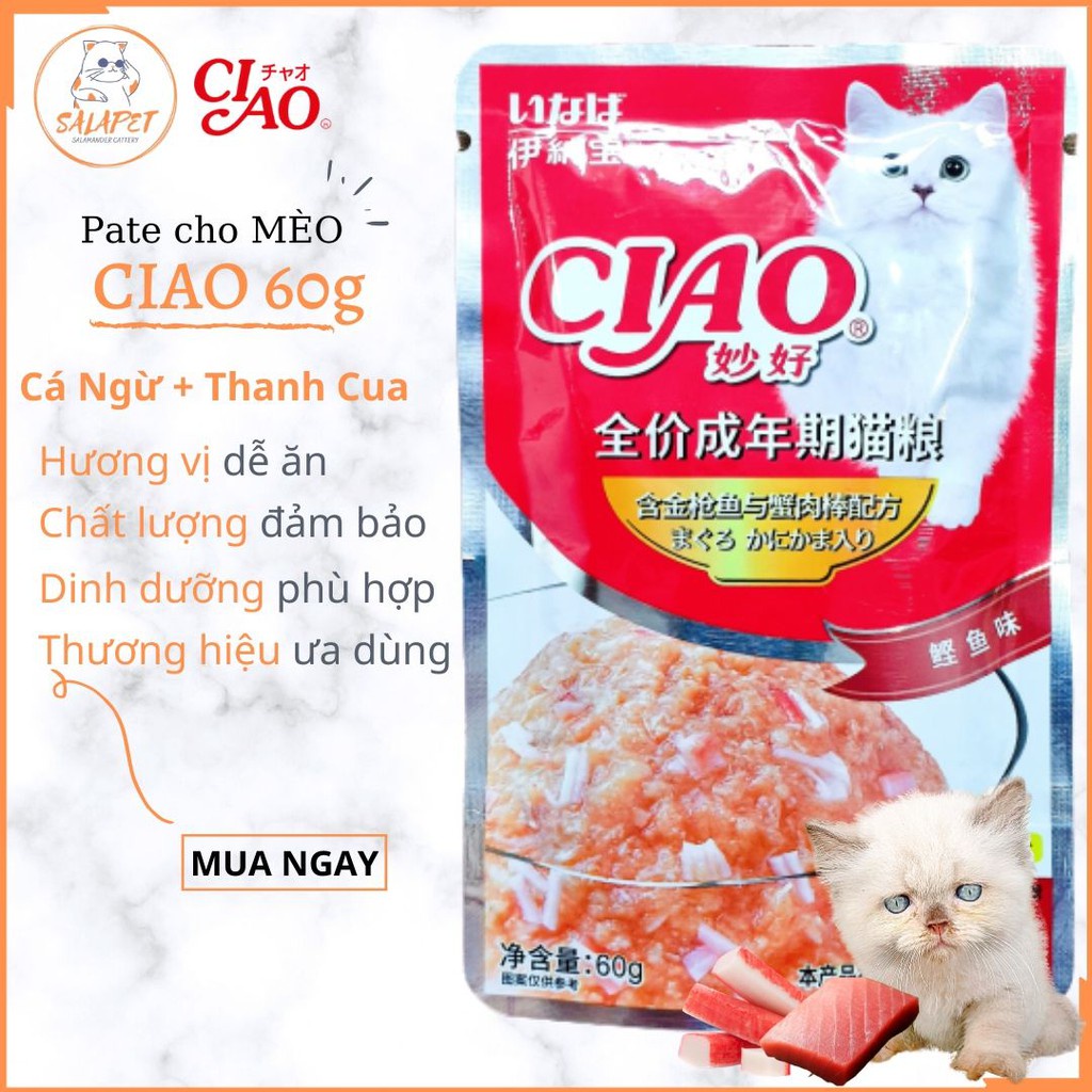 Pate/ Thức ăn ướt Ciao gói 60g đủ vị thơm ngon, kích thích ăn uống và giàu dinh dưỡng dành cho mèo mọi lứa tuổi