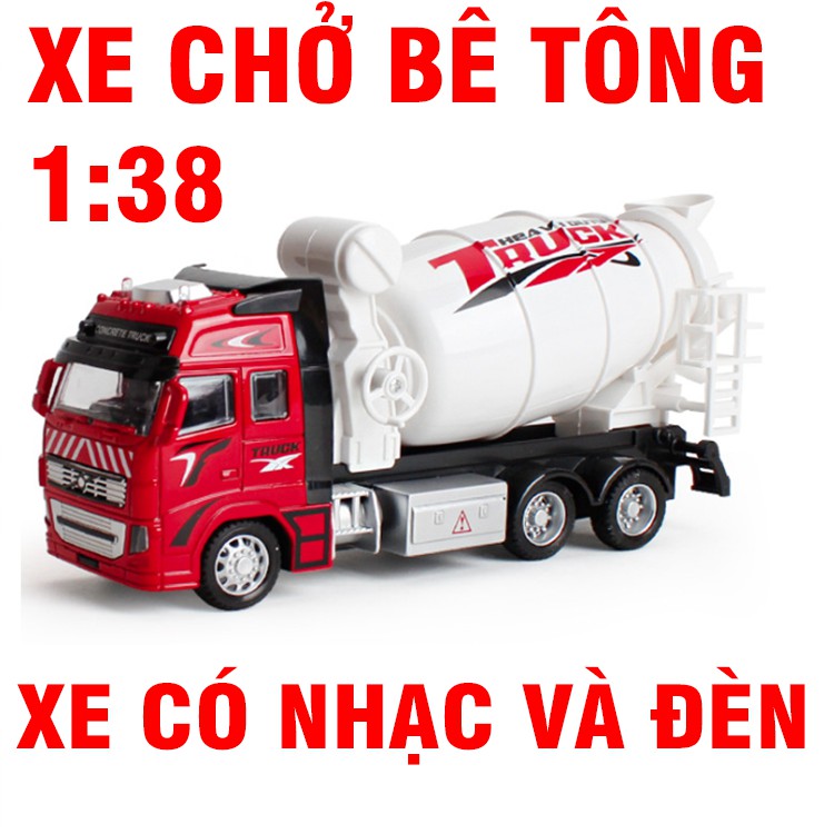 Mô hình xe ô tô chở bê tông đồ chơi trẻ em 1:38 có âm thanh và đèn
