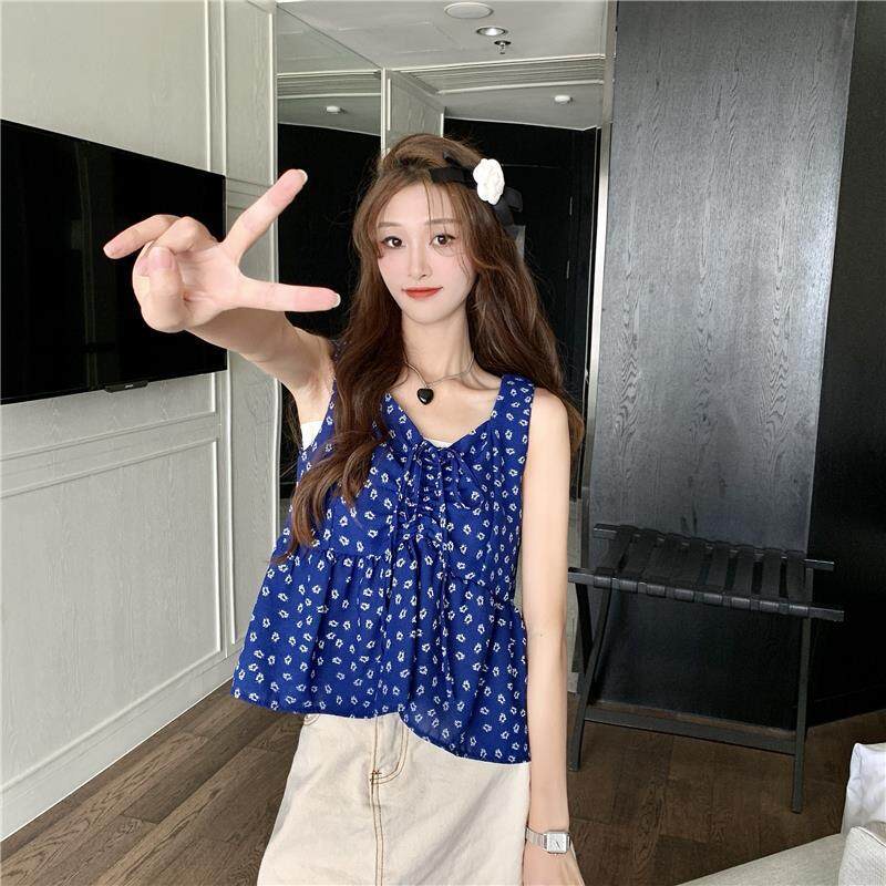 Áo Hai Dây Cổ Chữ V In Hoa Màu Xanh Lá Phong Cách Hàn Quốc Thời Trang Cho Nữ