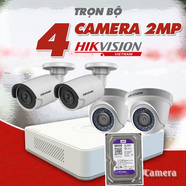 Trọn Bộ 4 Camera Quan Sát Hikvision 2.0 megapixel Full HD 1080P kèm HDD 500G và 80 mét dây liền nguồn đúc sẵn 2 đầu