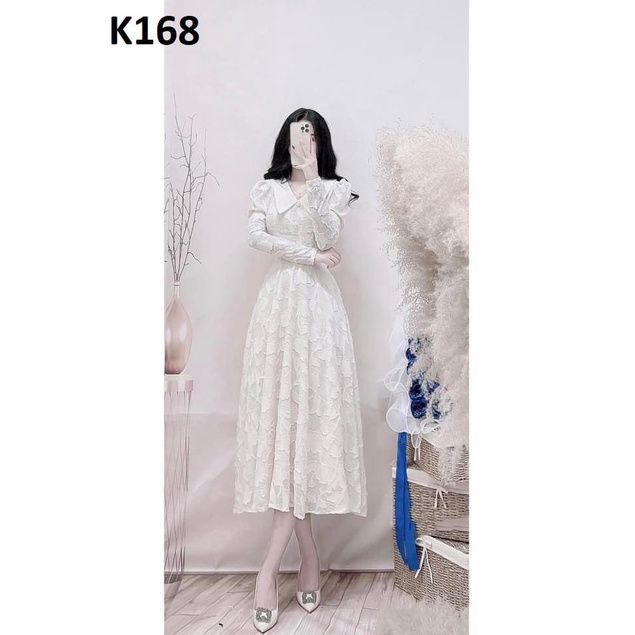 Váy trắng hoa nhí vintage cổ nơ body tay dài ulzzang chun eo , Đầm thiết kế dáng dài