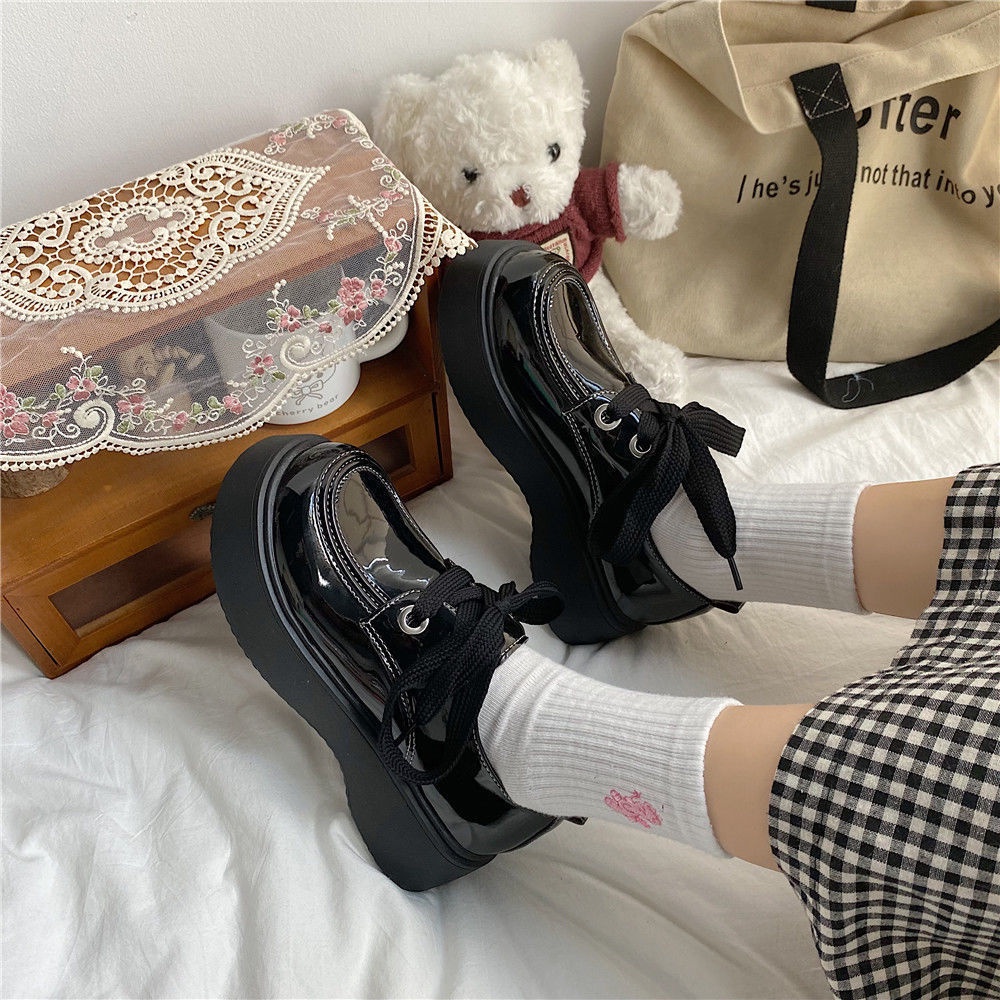 Giày Da Mũi Tròn Đế Dày Buộc Dây Phong Cách Lolita Nhật Bản Cho Bạn Gái