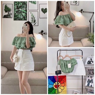 Sét áo trẽ vai xanh kèm quần chân váy trắng,mã QD04